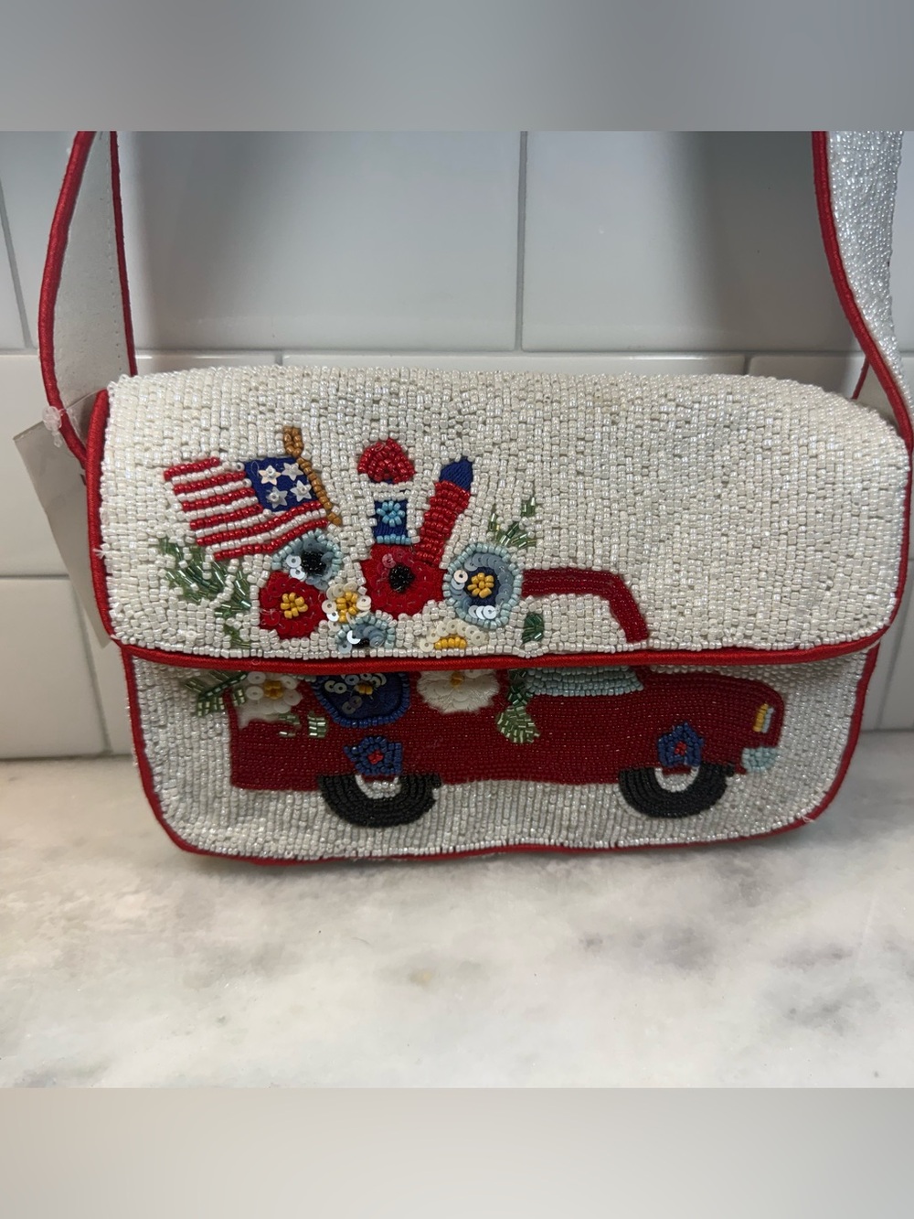 New Release Sol & Mer July 4th Red White Blue American Flag/Truck Beaded Purse